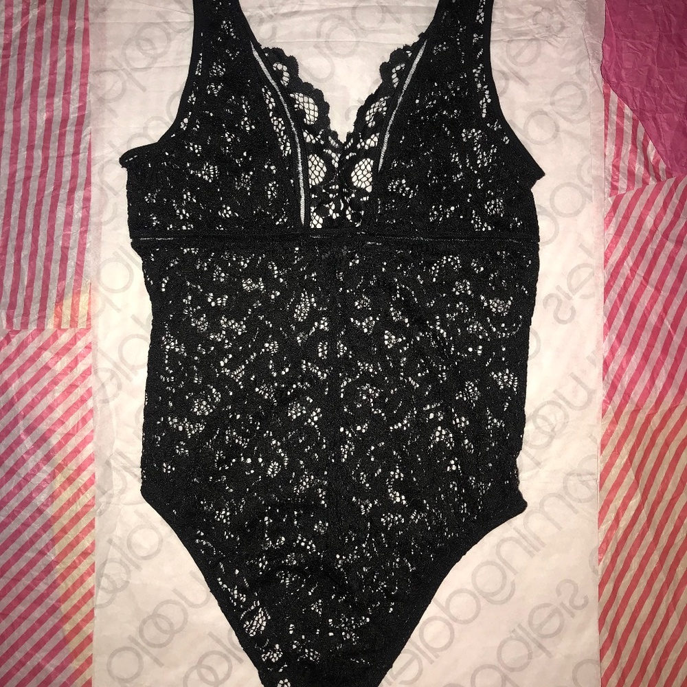 Victoria’s Secret Sexy Plunge V Neck Floral Lace Black Teddy Lingerie Bodysuit